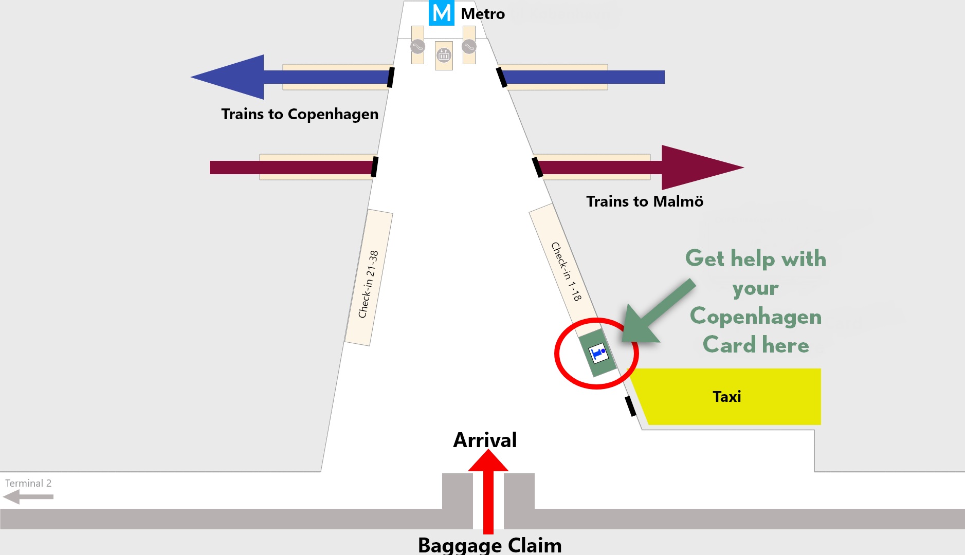 Map of where you can find help in Copenhagen Airport